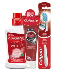 Colgate Optic White Charcoal Whitening Toothpaste 125 Ml, Medium Toothbrush, Oral Care Water 250 Ml