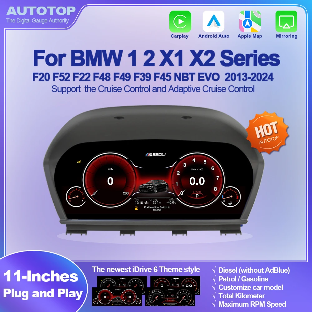 AUTOTOP 11 "cluster schermo calibro digitale per BMW F20 F52 F22 X1 X2 F48 F49 F39 F45 2013-2024, Carplay Android Auto, benzina diesel