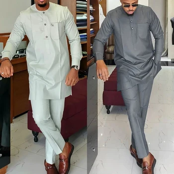 아프리카 원주민 복장 대시 키 남성 바지 세트 럭셔리 디자이너 우아한 정장 남성용 의류 새로운 2Pc 민족 Abaya 의상