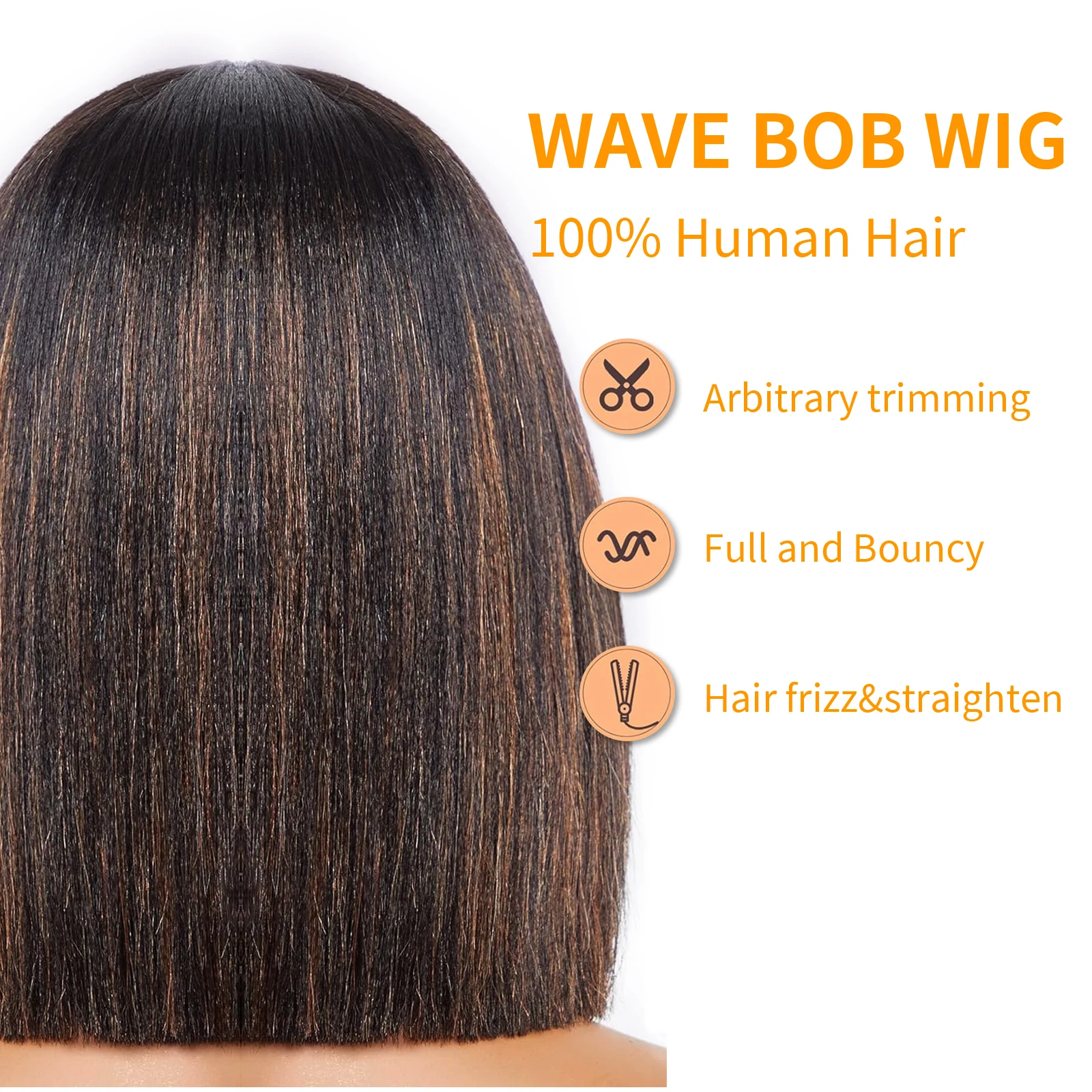 Brown Highlight Straight Bob Wig Human Hair Glueless Wigs with Bangs 2x1 Lace Wig Layered Cut Wig Bob Short Bob Wig 250% Density