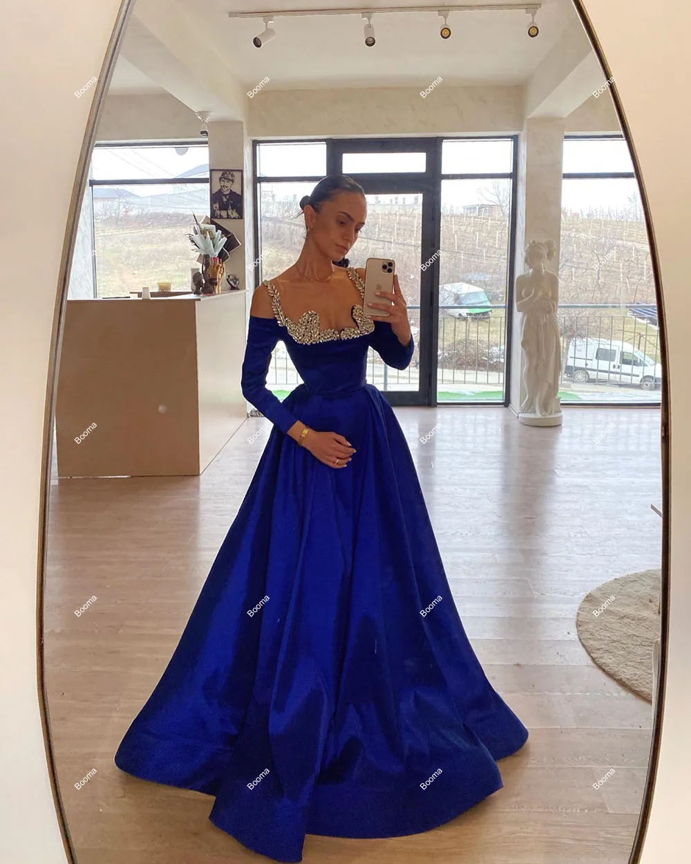 Booma A-Line Blue Long Evening Dresses Crystal Full Sleeves Formal Occasion Dresses for Women Saudi Arabic Party Prom Gowns