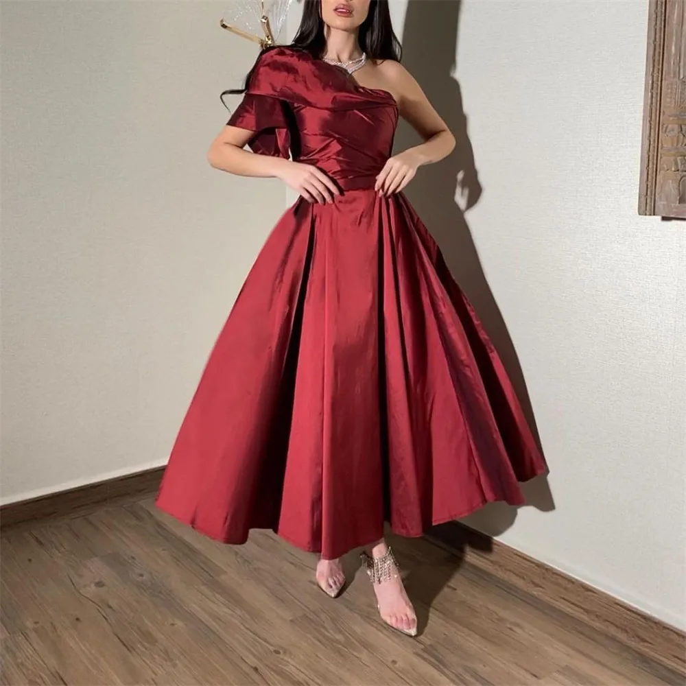 

One-Shoulder A-line Prom Gown for Women Ankle-Length Elegant Solid Color Pleat Satin Evening Party Dresses فساتين مناسبة رسمية