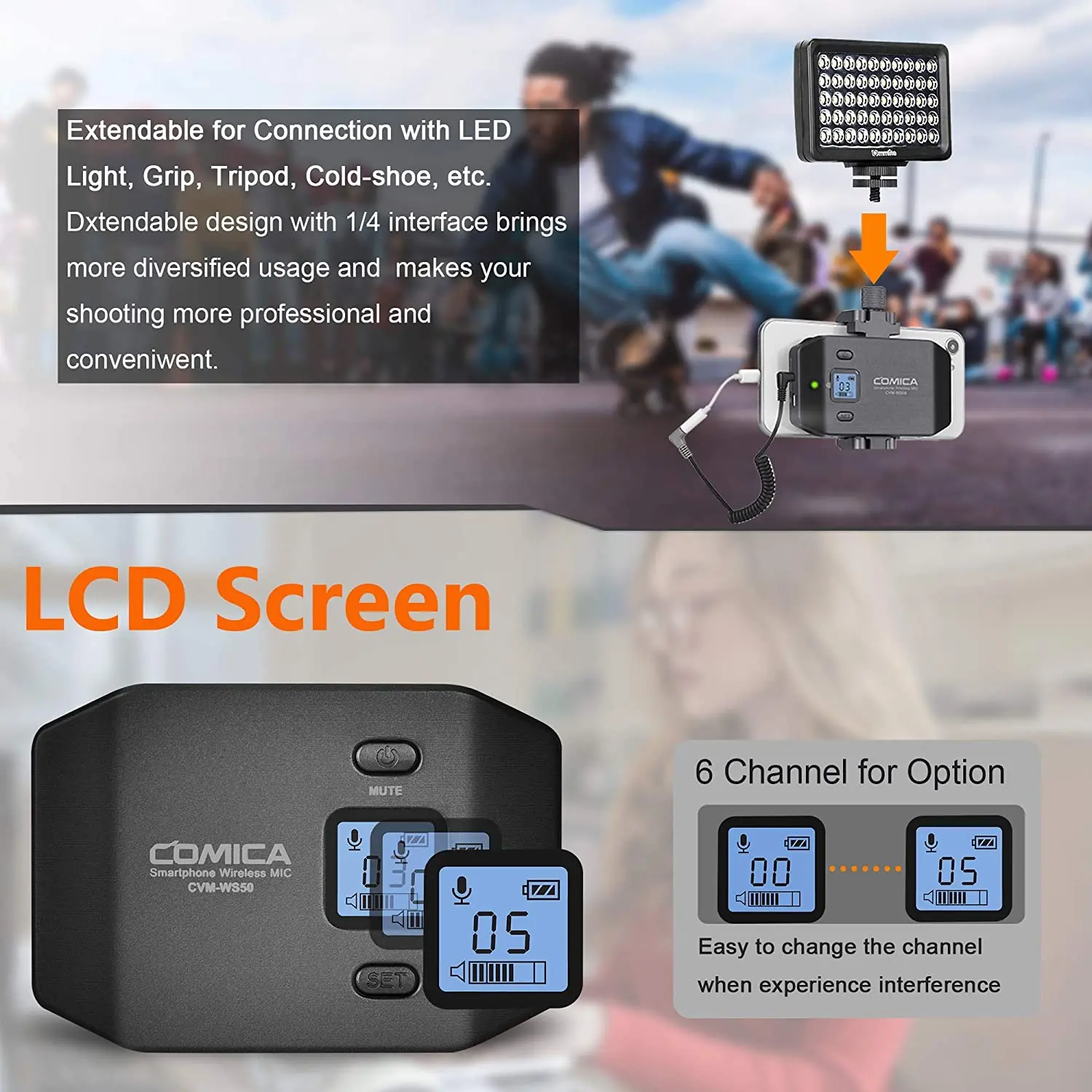 comica CVM-WS50C Microfone de lapela sem fio para smartphones - UHF Microfone de lapela sem fio de 6 canais para iPhone, microfone Android-Lav para vlogging, jornalismo móvel, transmissão ao vivo e muito mais