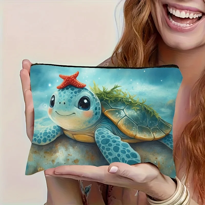 1 pièce : Sac de maquillage au design rétro mignon tortue bleue et étoile de mer, sac de rangement pour collations, sac de rangement pour papeterie, trousse de toilette tendance, impression double face sur toile, sac de voyage multifonctionnel