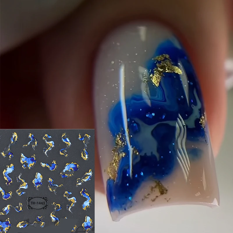 3D Golden Wave Line Nail Sticker Marble Blue Geometry Abstract Flowers Nail Art Sliders Decals Foils Manicure Decorations