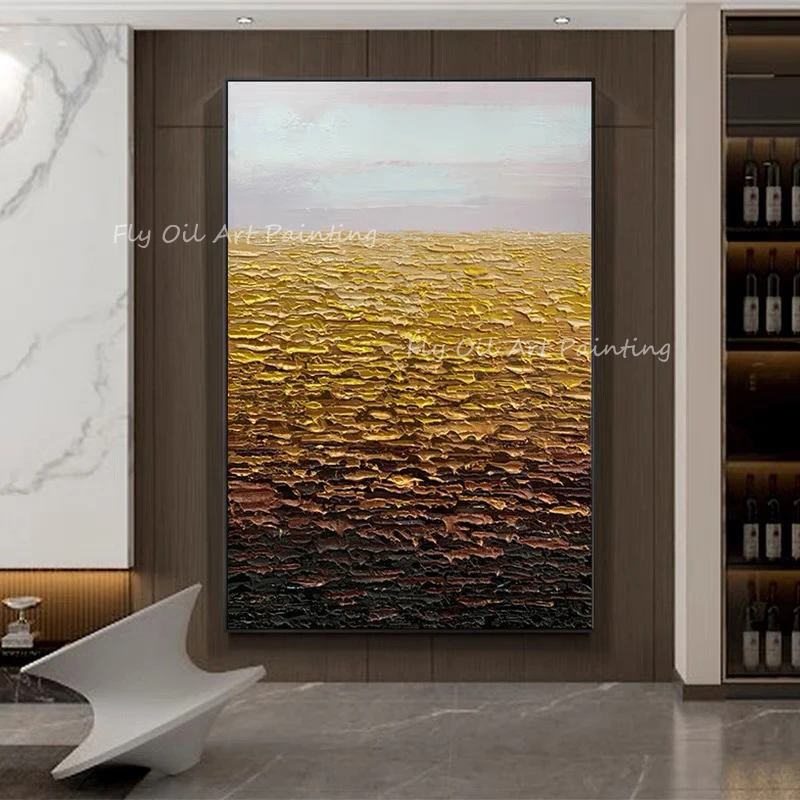 

100% Handmade Canvas Picture Large Size Modern Brown Golden Textured Knife Thick Oil Painting Wall Decor For Home Office Decor