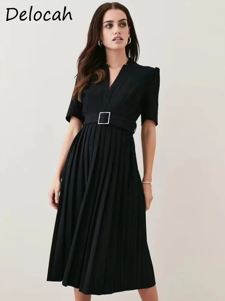 Delocah High Quality Autumn Women Fashion Runway Midi Dress Short Sleeve Black With Belt Draped Loose Big Swing A-Line Dresses