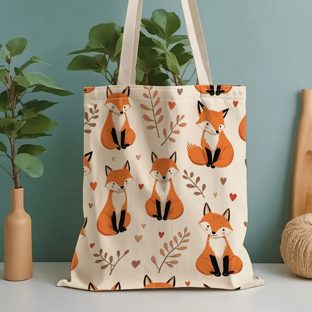 1 Piece of Cute Little Fox and Leaf Heart Canvas Shoulder Bag, Lightweight Foldable Tote Bag with Fixed Shoulder Strap, Reusable Shopping Bag, Perfect Gift for Commuting, Travel, Shopping, School, and Holidays