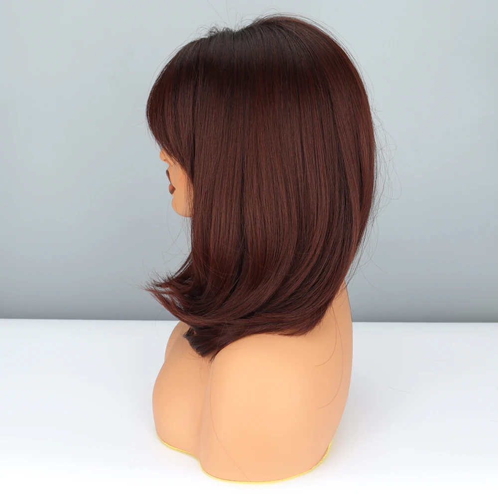 Ombre Brown Synthetic Wigs With Bangs Medium Length Natural Straight Hairs Wig for Women Daily Resistant Wig