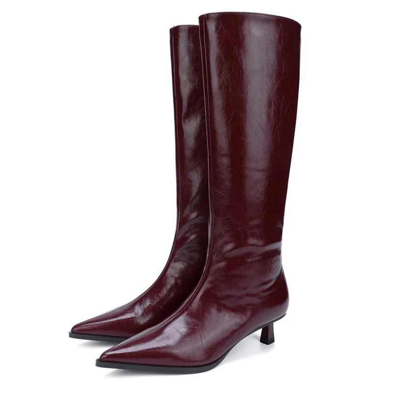 

Burgundy Leather Knee High Bootsfor Women Slim Heel Pointed Toe Fashion Boots