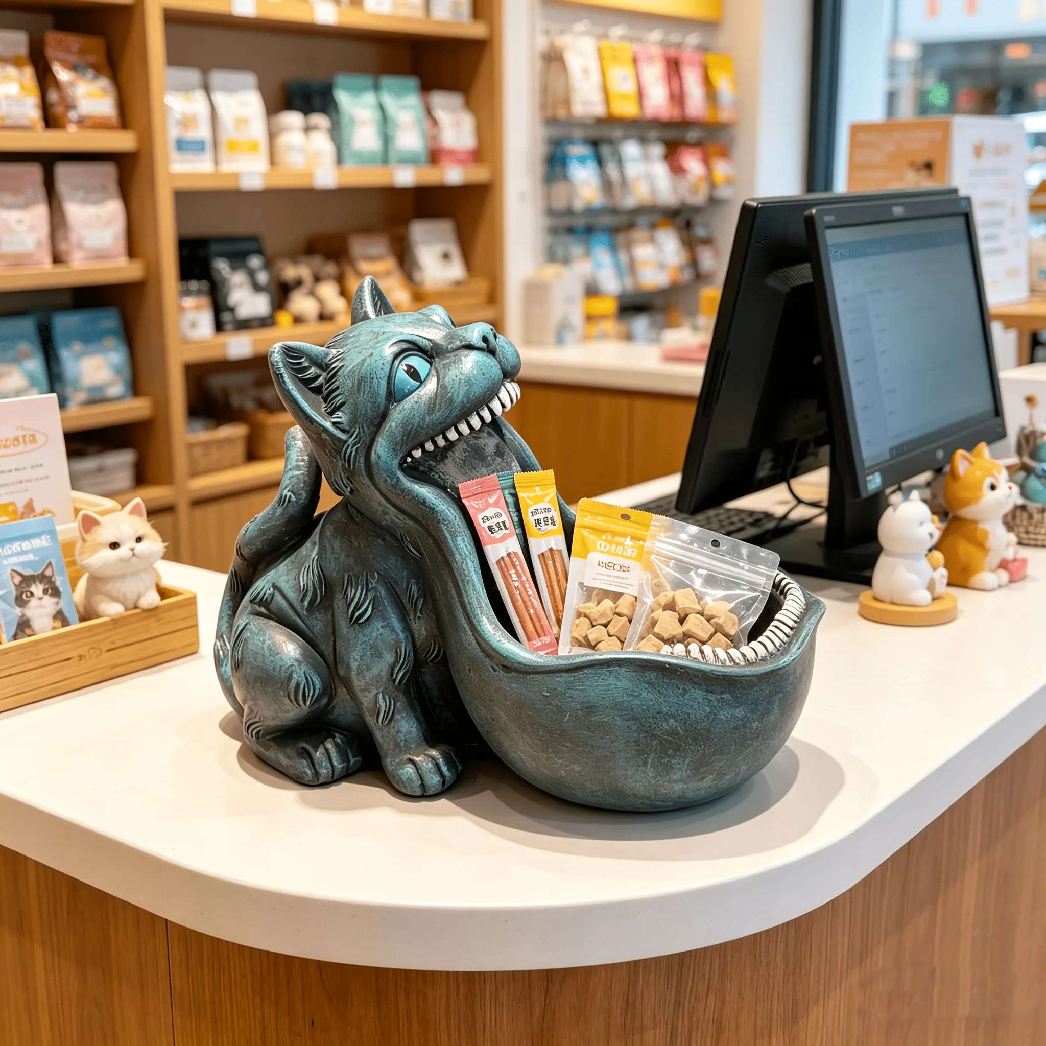 Big Mouth Cat Statue Storage Bowl Key Candy Holder Pet Bowl Halloween Xmas Chinese New Year Desktop Garden Front Desk Decor