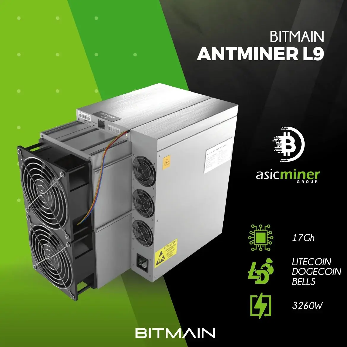 Bitmain Antminer L9 17 ГГц/с 3570 Вт — LTC Doge — Вход 220–277 В со шнуром питания