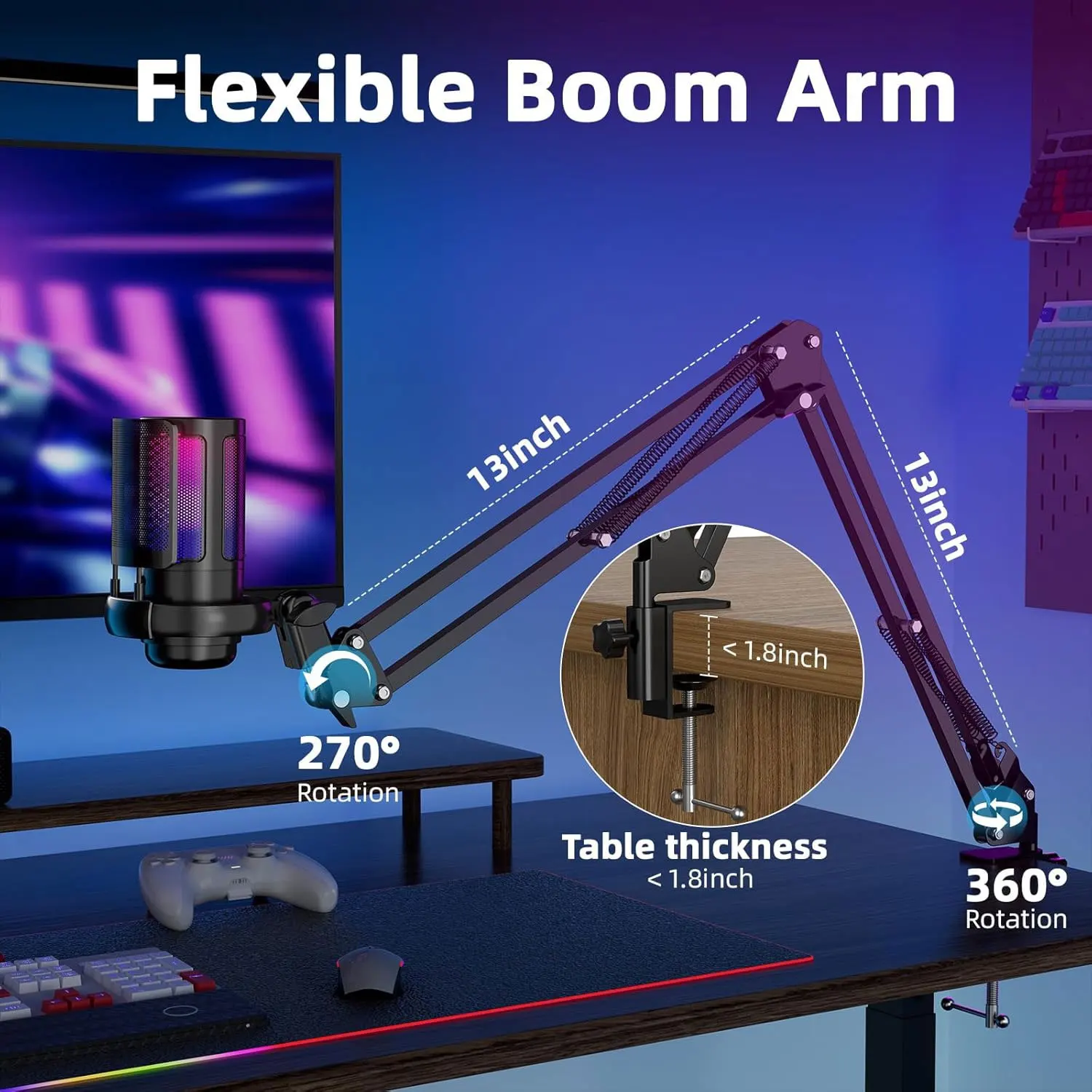 Microphone de jeu RVB avec micro cardioïde, qualité sonore haute fidélité, plug and play - support col de cygne réglable, fesses muettes