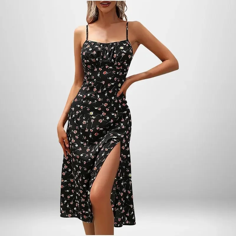 VEITCHE Zomer Vrouwen Bloemenprint Spaghettibandjes Boho Strand Jurk Print Elegante Bretels Vierkante Hals Split Jurk Vestidos - afbeelding 2