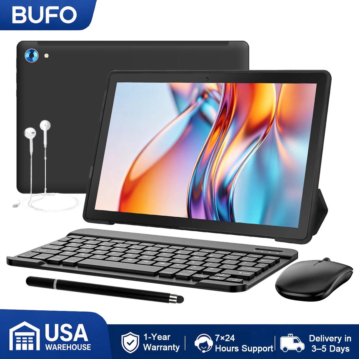 BUFO Tablet,10" Android 15 Tablet with Octa-core Processor 24GB RAM 128GB ROM HD IPS Touchscreen 8H Battery, Wi-Fi 6, BT 5.0, Dual Camera, Android Tablets with Keyboard Mouse Stylus Case Headphone