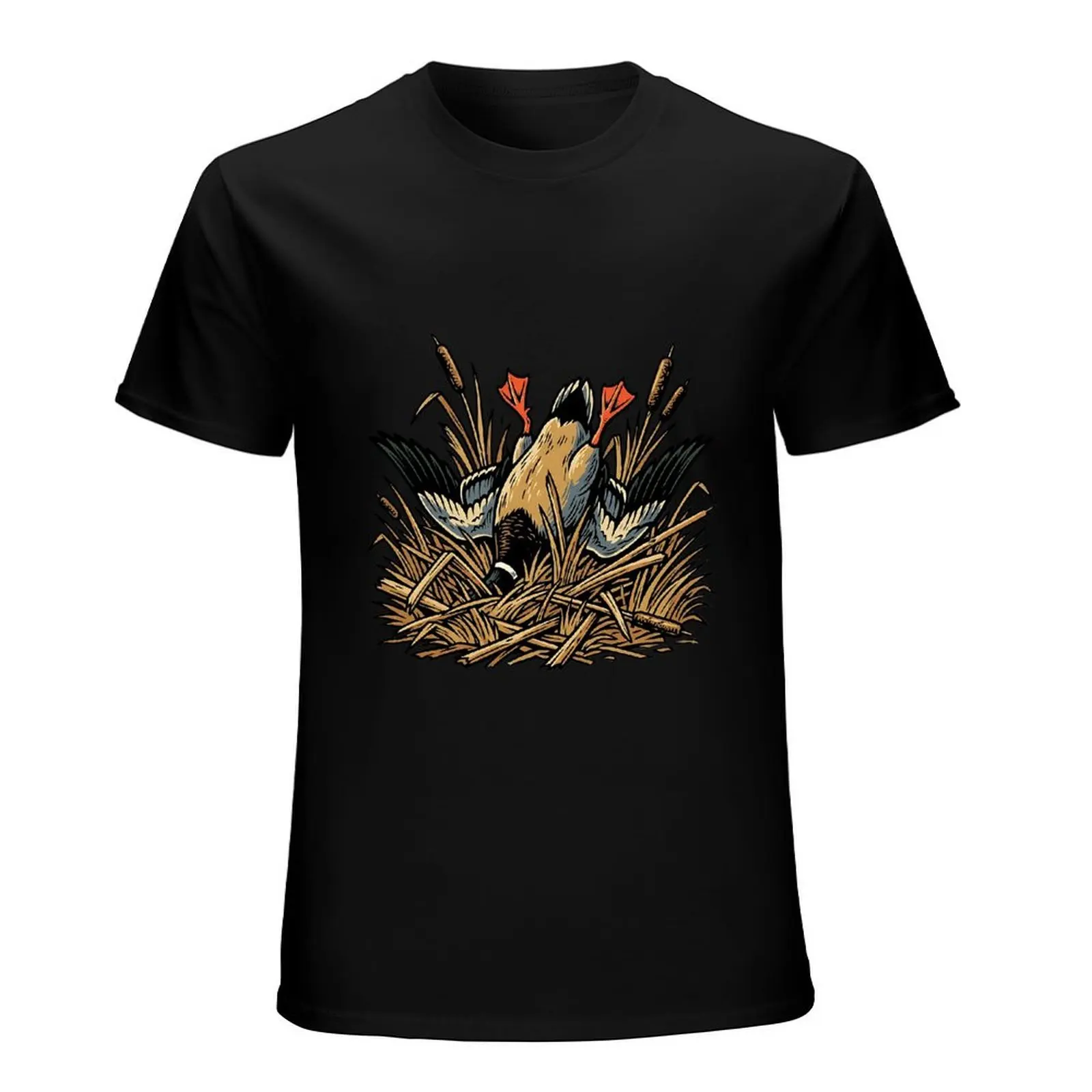 Wildlife Art Reed Grass Mallard Duck Camo Bow Black T-Shirt Western Farm Hunter Angler Everyday Short Sleeve Top