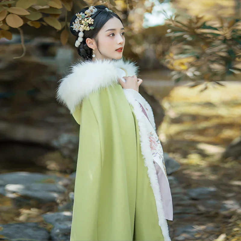 Capa Hanfu gruesa y cálida para mujer, capa verde con bordado tradicional chino, disfraz de Cosplay, capa de Navidad para niña