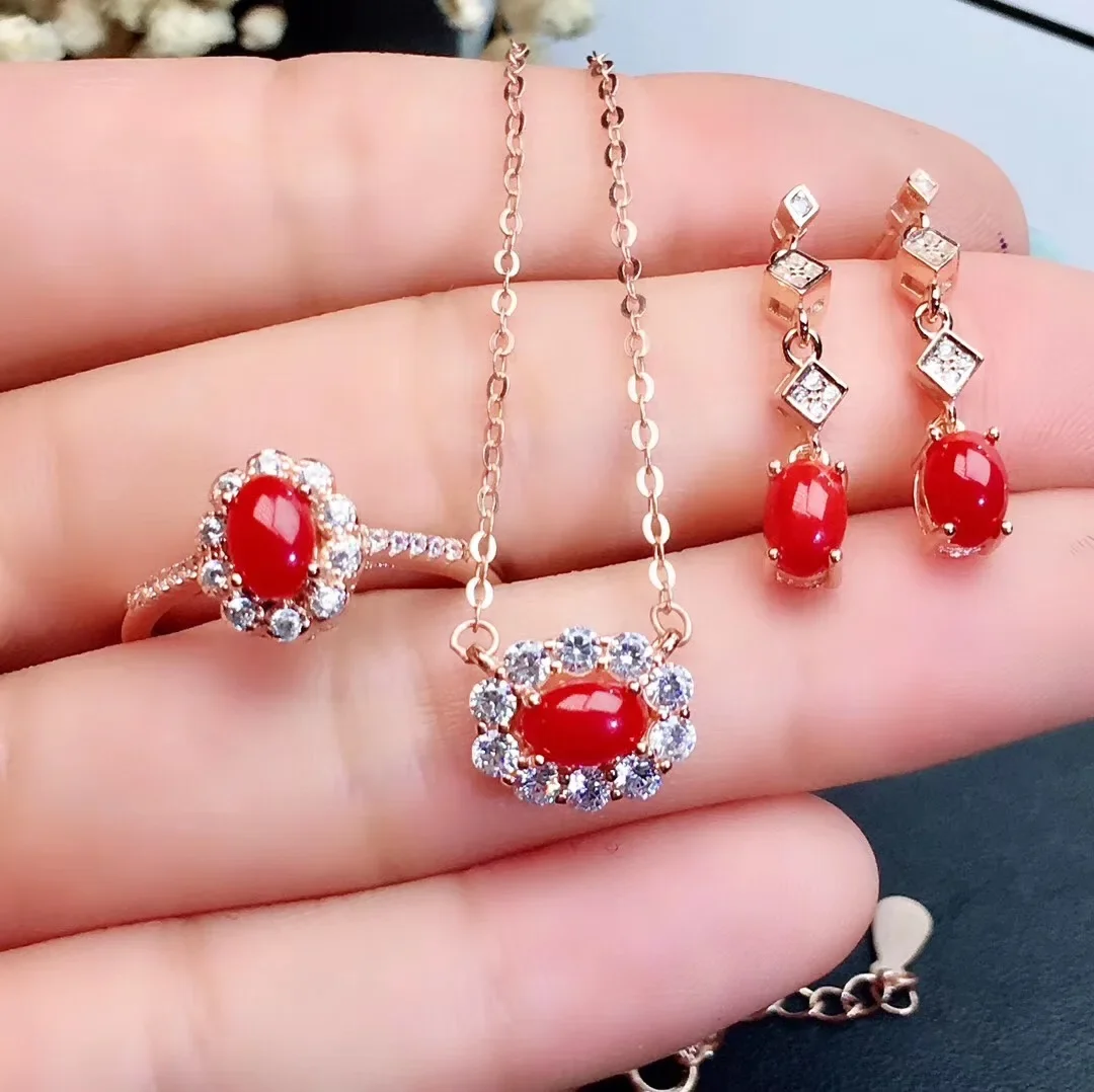 

Girls' Natural 4x6mm Red Coral Necklace Pendant Ring Earrings 4-piece Set 925 Pure Silver Plated Rose Gold High Carbon Diamond