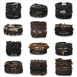 New Style Hand-woven Combination Bracelet Fashion Adjustable Punk Hip-Hop Men Leather Bracelet Set Luxury Jewelry Gift Wholesale