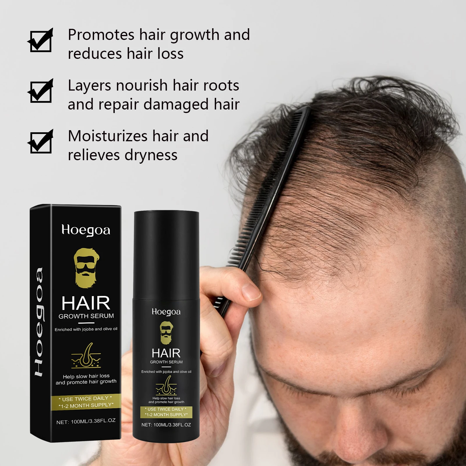 Hoegoa 100 مللي رذاذ نمو الشعر للرجال تغذي جذور الشعر مكافحة الصلع تدليك تقليل التجعد سبليت ينتهي رذاذ العناية بالشعر الكثيف #3