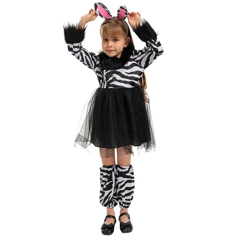 Costume da piccola Zebra per bambina abiti da animale festa con fascia per l'orecchio manica per gamba vestito da Tutu da ragazza Cosplay di Halloween