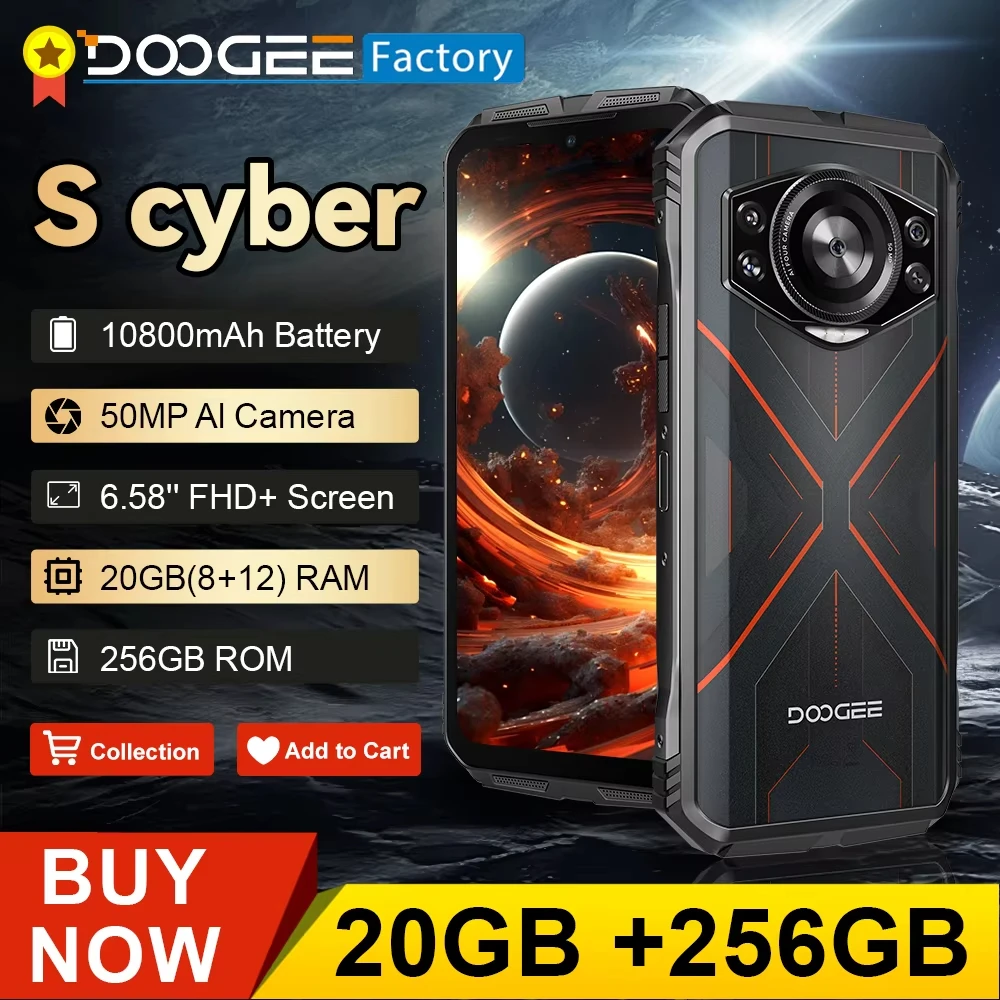 Global version DOOGEE S Cyber Rugged Phone 6.58'' IPS Screen 8GB 256GB 10800mAh Large Battery 50MP AI Camera Smartphon Android 14