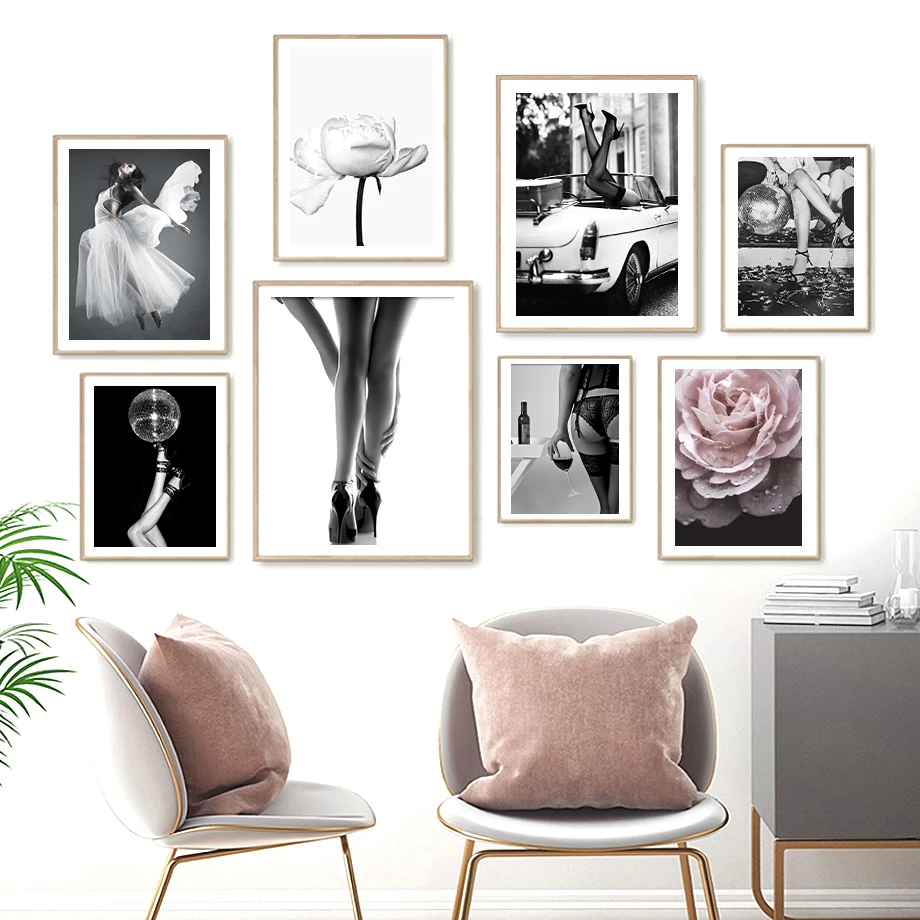 

Beauty Dancing Beautiful Legs Red Wine Black And White Retro Fashion Wall Art Canvas Painting Nordic Poster Room Decor