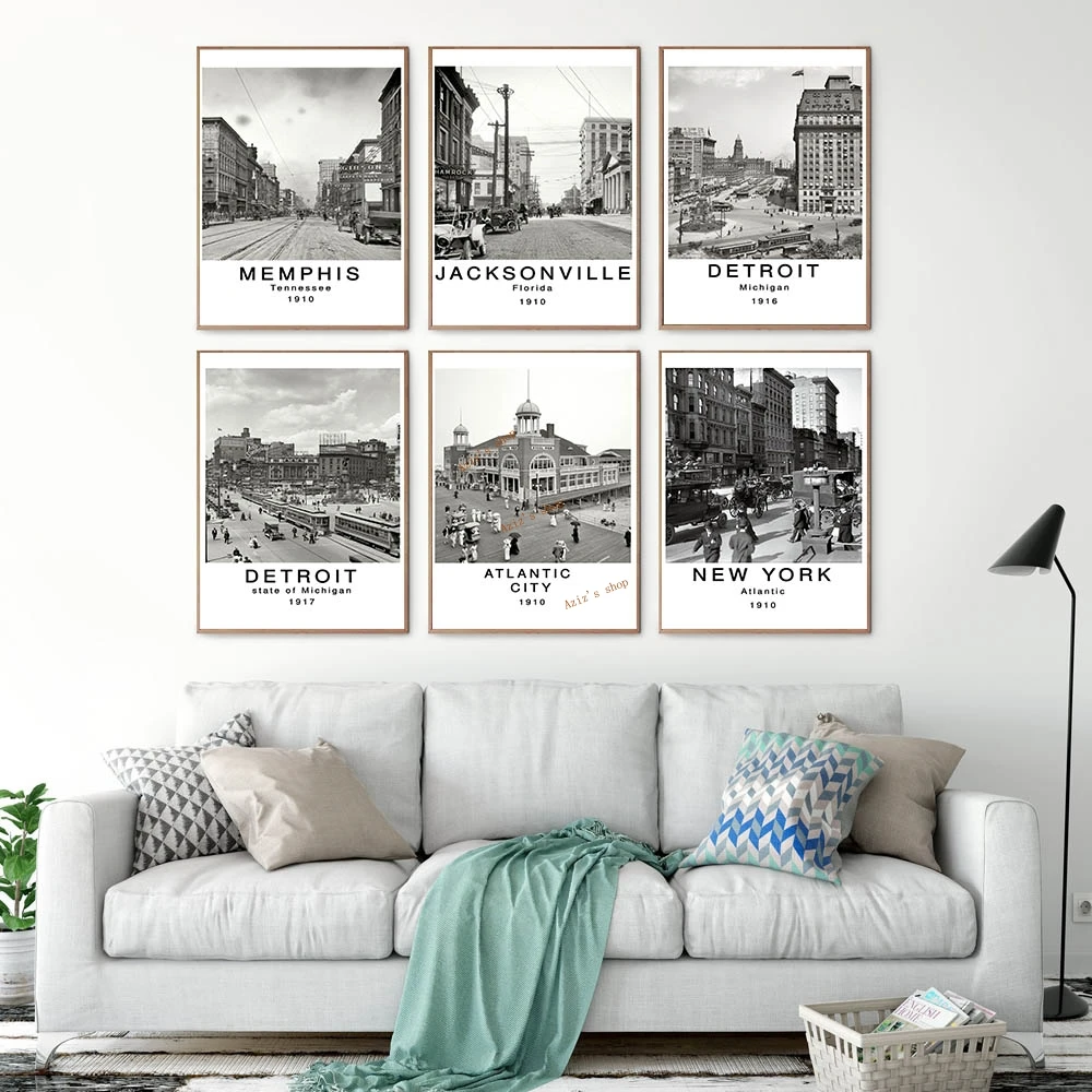 Black and White Vintage American City Photography Wall Art Canvas Detroit Washington Florida New York Poster Print Home Decor