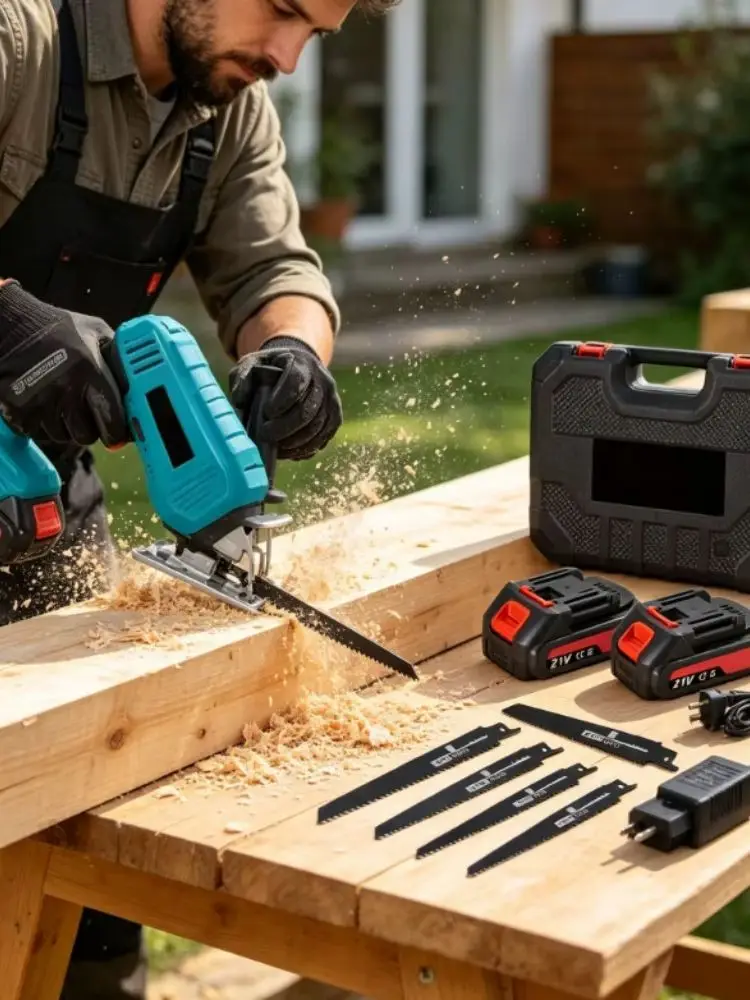 21V Akku-Säbelsäge-Set, Lithium-Batterie-betriebene Säbelsäge mit 2 Akkus, 4 Sägeblättern und einem Aufbewahrungskoffer zum Schneiden von Holz und Metall