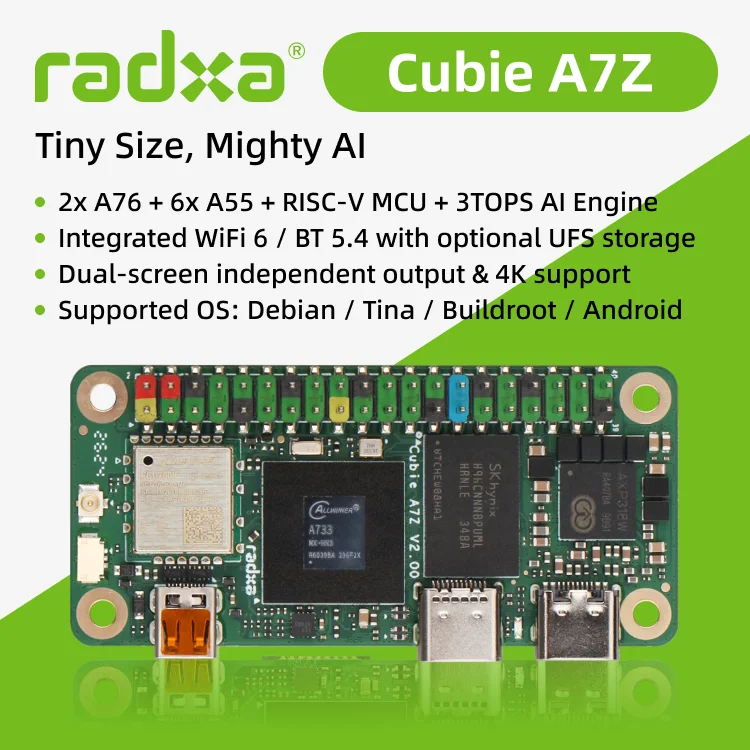 Radxa Cubie A7Z, Allwinner SoC with Octa-Core CPU, Dual-Screen Display, and RISC-V Coprocessor, Single Board Computer