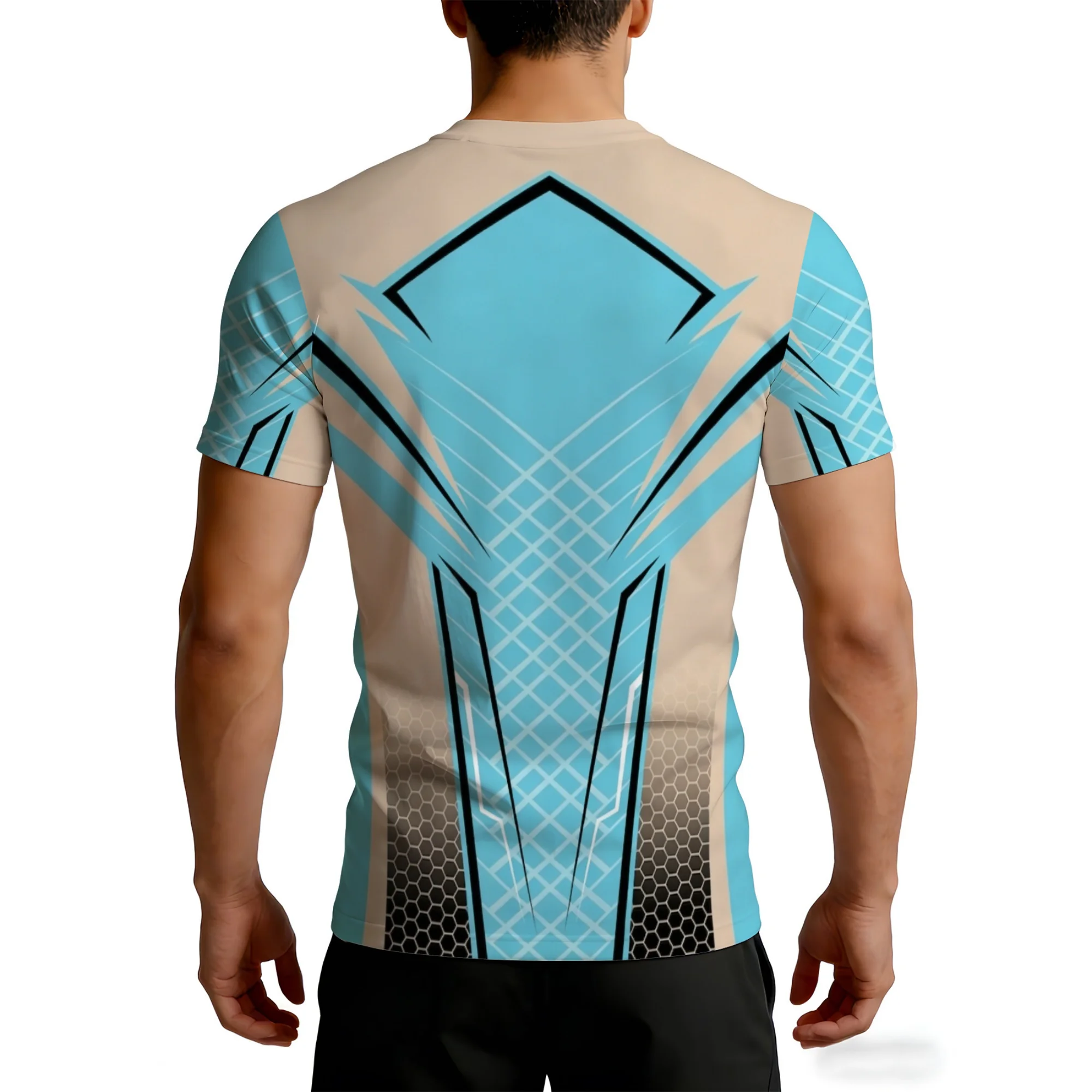 2026 New Men Light Blue Beige Sharp Geometric Line Compression T Shirt Elastic Honeycomb Panel Short Sleeve Outdoor Jogging Gym