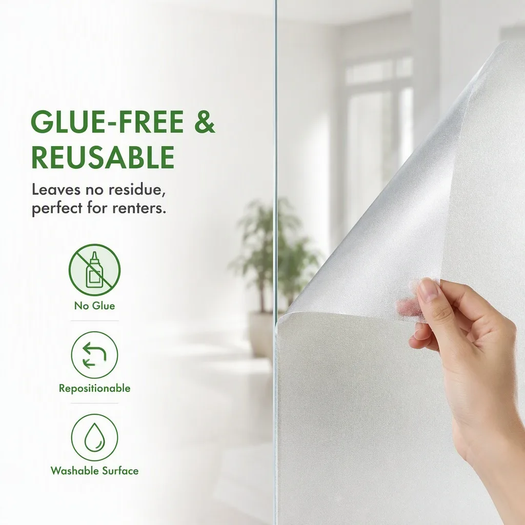 Frosted Privacy Window Film Self Adhesive Heat Control Removable for Home Office Bathroom Glass