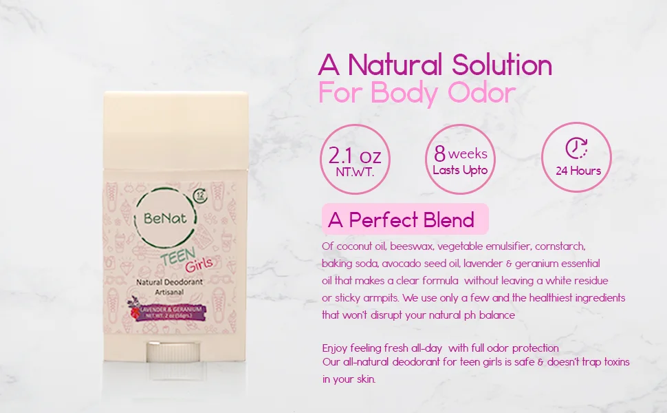 BeNat 2-Pack Natural Deodorant Stick for Kids & Teens - Aluminum-Free Gentle Underarm Odor Care Solid Balm for Sensitive Skin, Daily Freshness