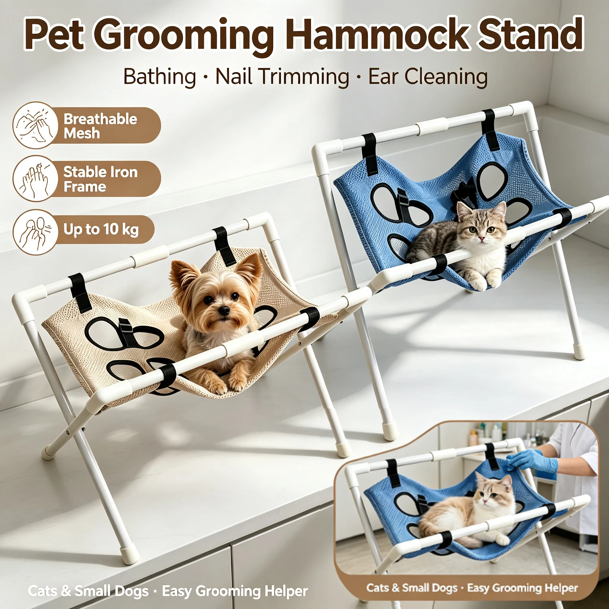 Pet Grooming Hammock Eight Hole Support with Frame Comfortable Bathing Cat Hanger Strap for Cats Small Dogs Kitty Cleaning Accs