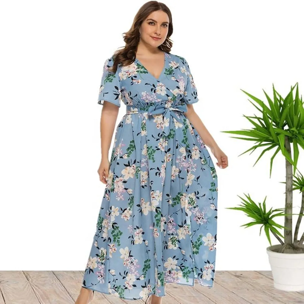 Dropshipping V Neck Short Sleeve Floral Print Plus Size Maxi Long Summer Dresses For Women