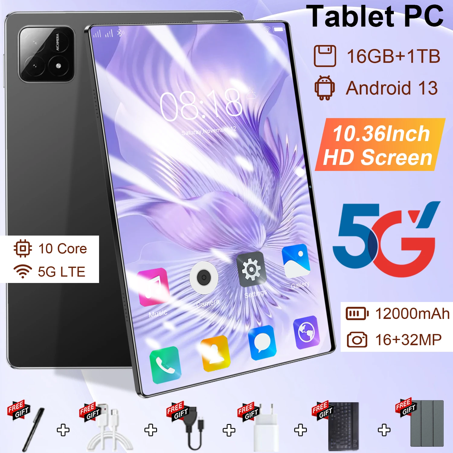 Nouvelle tablette mondiale 2026 de 10,36 pouces, Android 13, 16 Go, 1 To, 10 cœurs, 2 4K HD, 5G, WIFI, Bluetooth, 12000 mAh