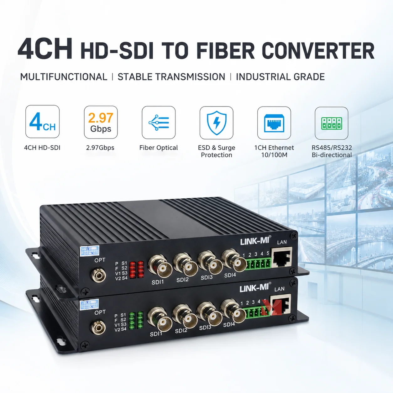 4CH HD-SDI Fiber Converter Optical Fiber Extender SMPTE 424M SDI to Fiber Transmitter Receiver RS232 RS485 Ethernet