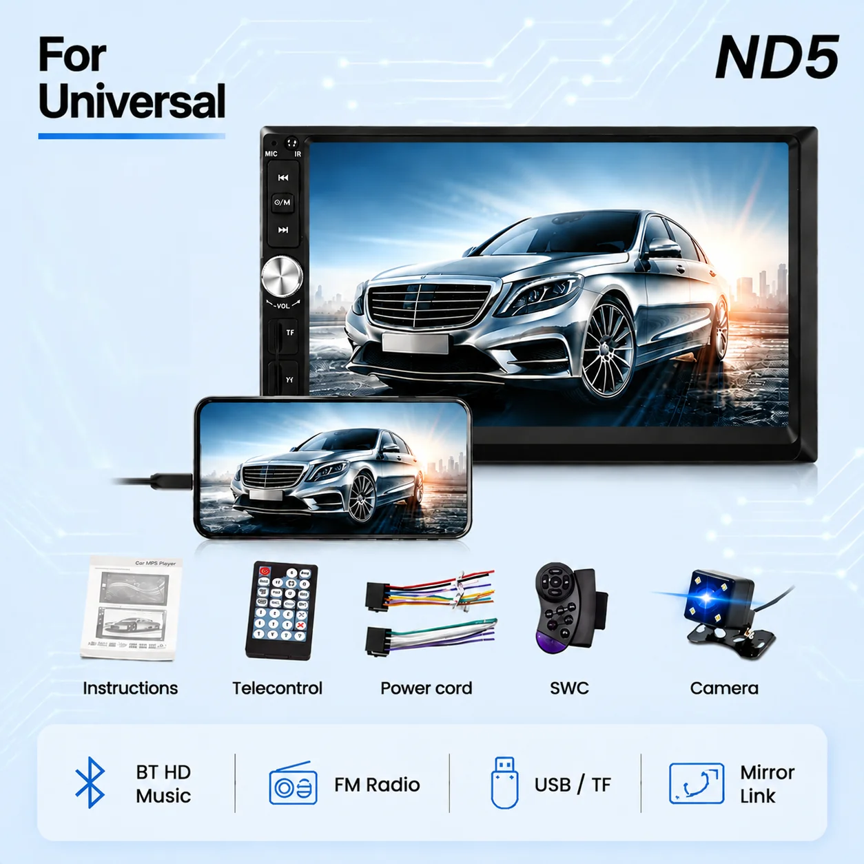 2 Din ND5 7 Inch Car Radio For Universal Multimedia Player Audio MP5 BT AUX USB TF FM Radio Car Stereo Phone Mirror Link Video