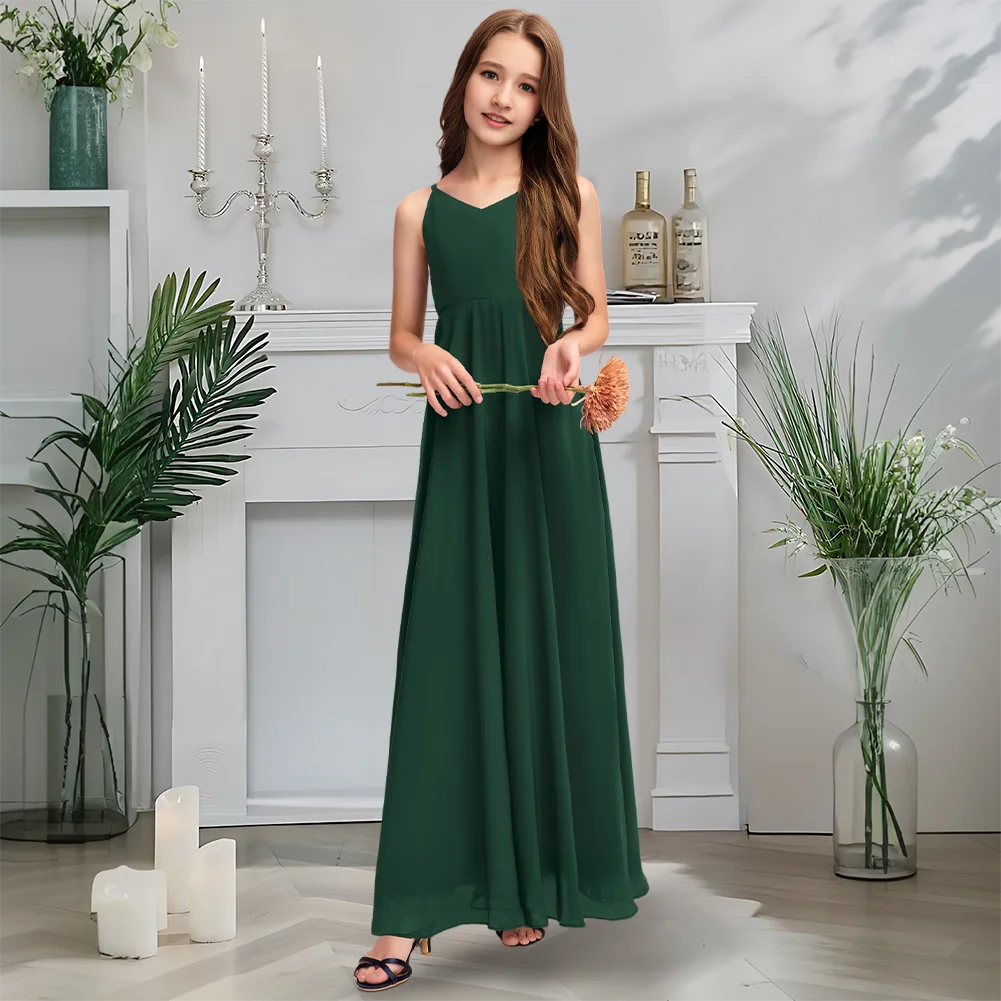 

Luxurious V-Neck Junior Bridesmaid Dress Midnight Navy Flower Girl Dress Floor-Length Chiffon With Cascading Bow Wedding Party