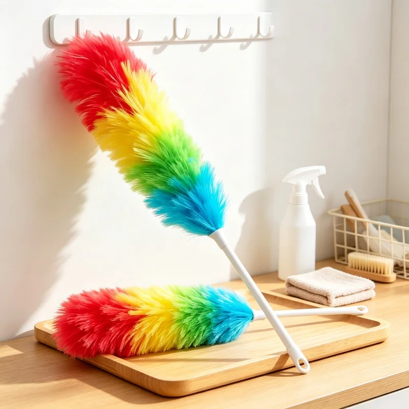 Rainbow Feather Duster Soft Anti-static Microfiber Duster Long Handle Home Car Cleaning Brush Easy Storage Dust Remover