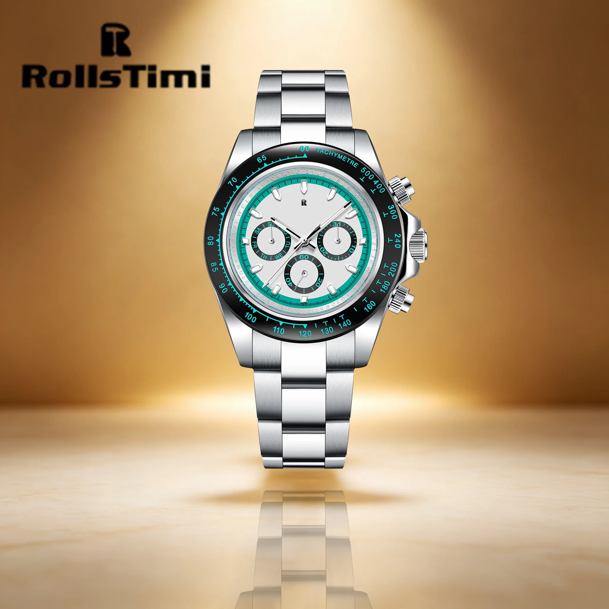 ROLLSTIMI Business Sports Mens Automatic Mechanical Watch 3-Sub-Dial Stainless Tachymeter Sapphire Day-Date Display Diving Watch