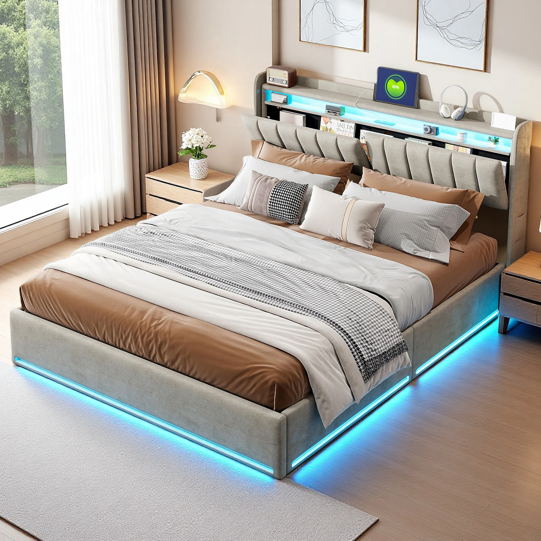 Cama Hidráulica Superaly de 140x190cm, Cama Tapizada con Espacio de Almacenamiento Debajo de la Cama, con Iluminación LED y Carga USB, Terciopelo, Gris