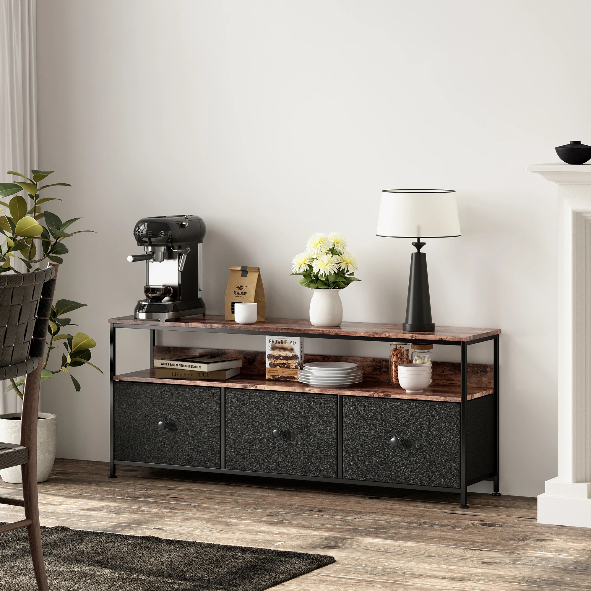 Mueble para TV Simurq de 108 cm con 3 Cajones de Tela, Mueble Bajo Retro para TV de hasta 55 Pulgadas, Aparador Bajo con Almacenamiento, Mesa de TV Multifuncional con Compartimentos Abiertos para Sala de Estar, Negro