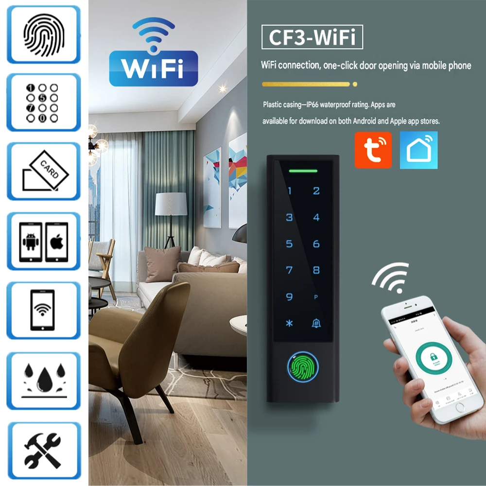 Leshine 1000 Users Touch Keypad Fingerprint WIFI Access Control Remote Password PINs Cards Unlock Tuya APP for iOS Android