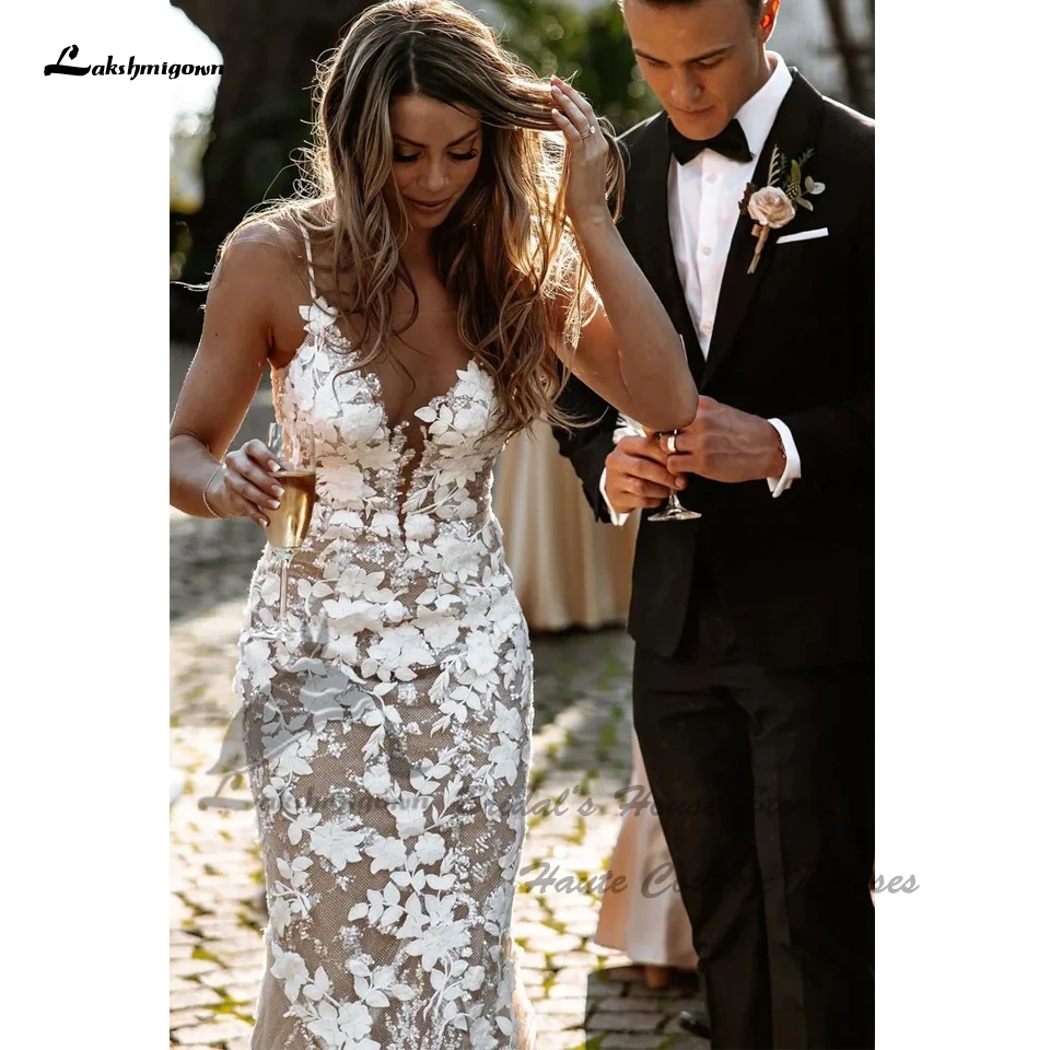 Lakshmigown Bohemian Meerjungfrau V-Ausschnitt Spitzen-Hochzeitskleider 2026 Vestidos Civil Damen Strand-Brautkleid mit Spaghettiträgern Maßanfertigung – Detail 2
