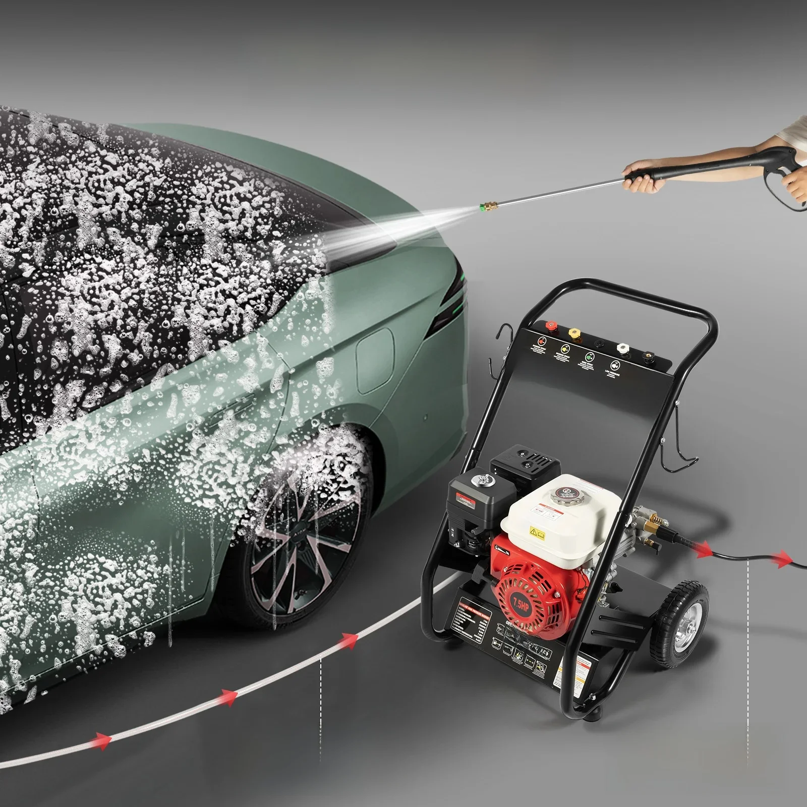 7,5 pk benzine hogedrukreiniger 2200 PSI 4-takt gas-aangedreven jetreiniger met spuitpistool en 5 spuitmonden voor het reinigen van autodektuin - afbeelding 2