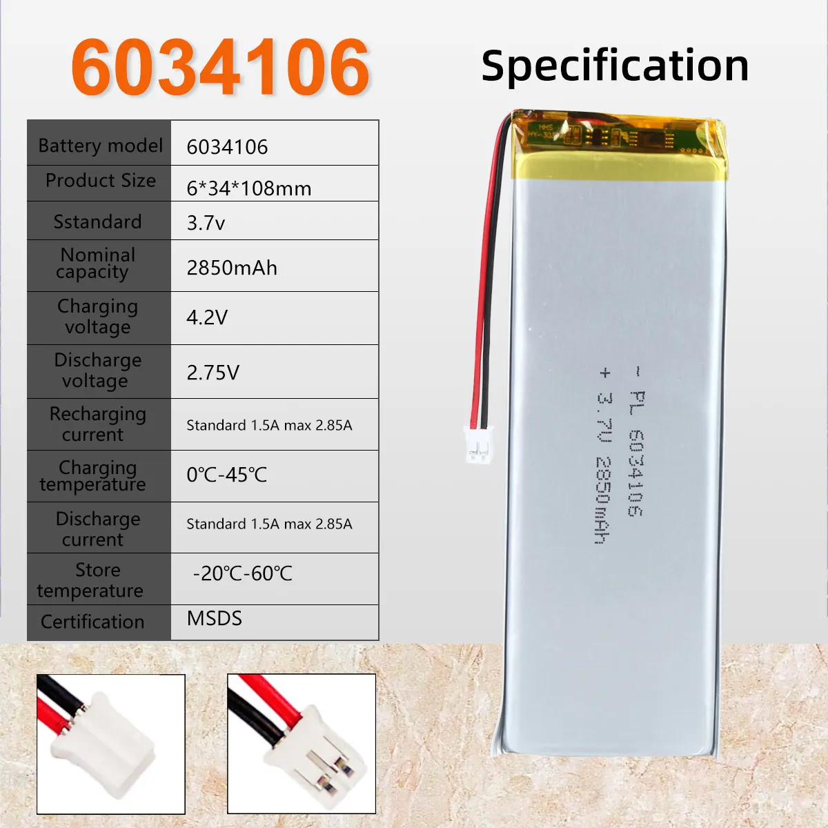 3.7V 2850MAh Sạc 6034106 Pin Lipo Chiều Dài 108Mm