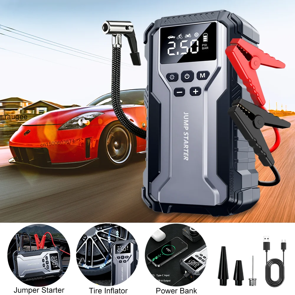 Auto-Starthilfe mit Luftkompressor, tragbarer 12V-Autobatterie-Starter, 3200A-Autobatterie-Booster, leistungsstarker Reifenfüller, Luftpumpe, 8000mAh-Powerbank, Auto-Startgerät, Auto-Starter mit