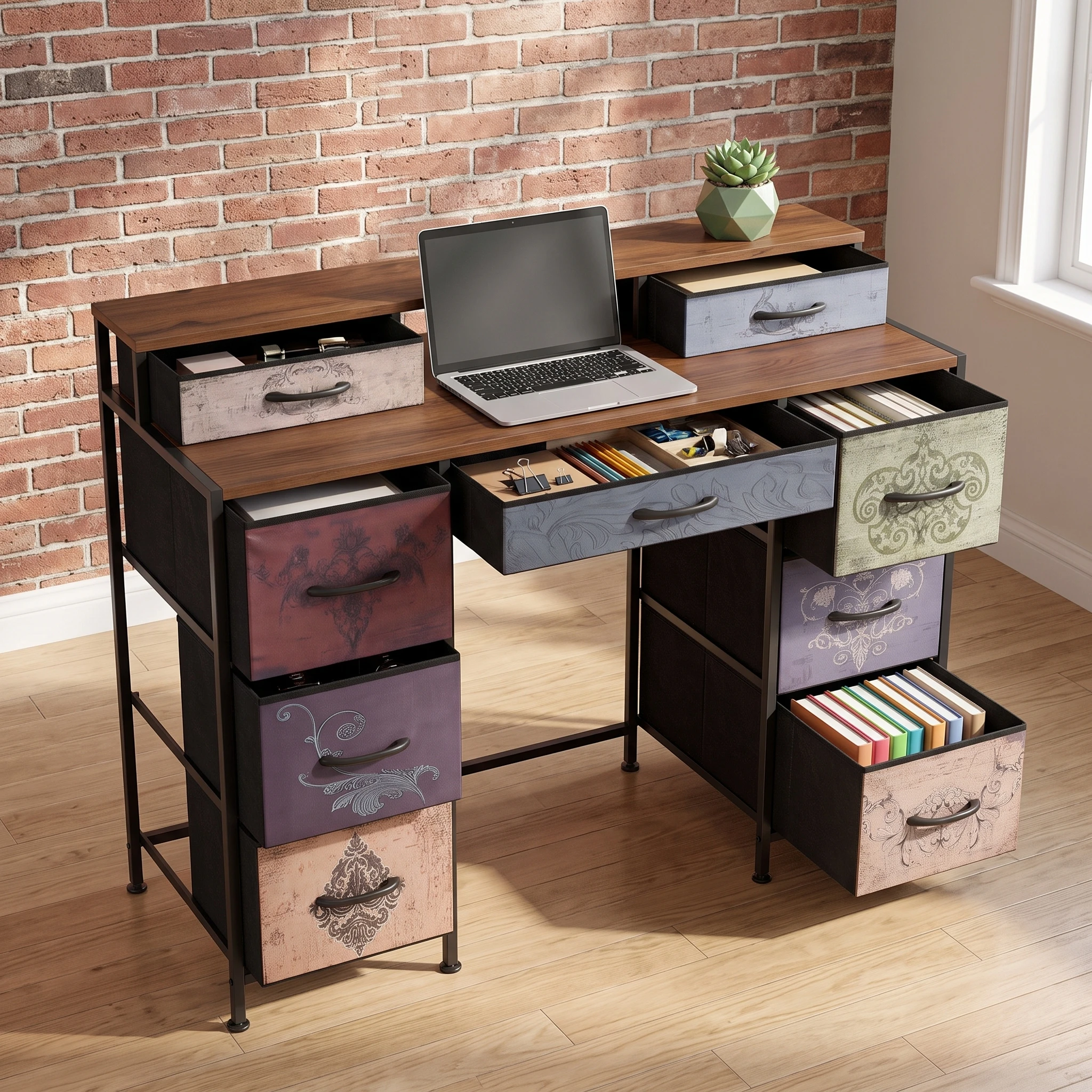 Commode rétro 120 × 40 × 91 cm avec 9 tiroirs en tissu et structure en métal robuste, grand espace de rangement, convient pour le salon, la chambre et le couloir, noir.