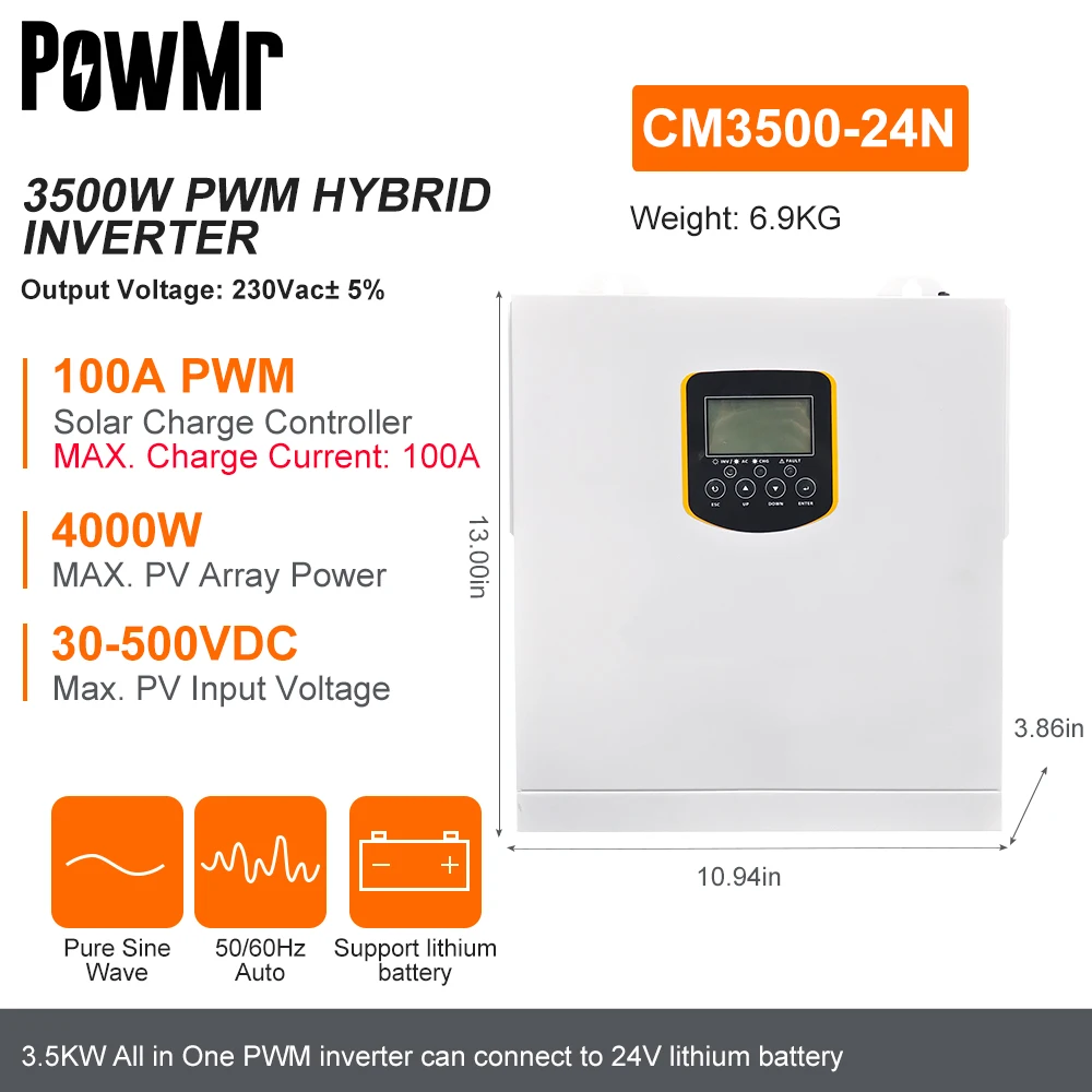 Powmrハイブリッドソーラーインバーター、太陽光発電ハイブリッドインバーター、最大出力pv 30-500v、100a mpptソーラー充電器内蔵、3.5kw、24v、220vac